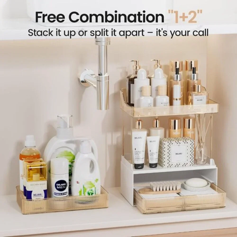 New 2-Tier Bathroom Organizer with Drawers, Amber Countertop Storage for Vanity